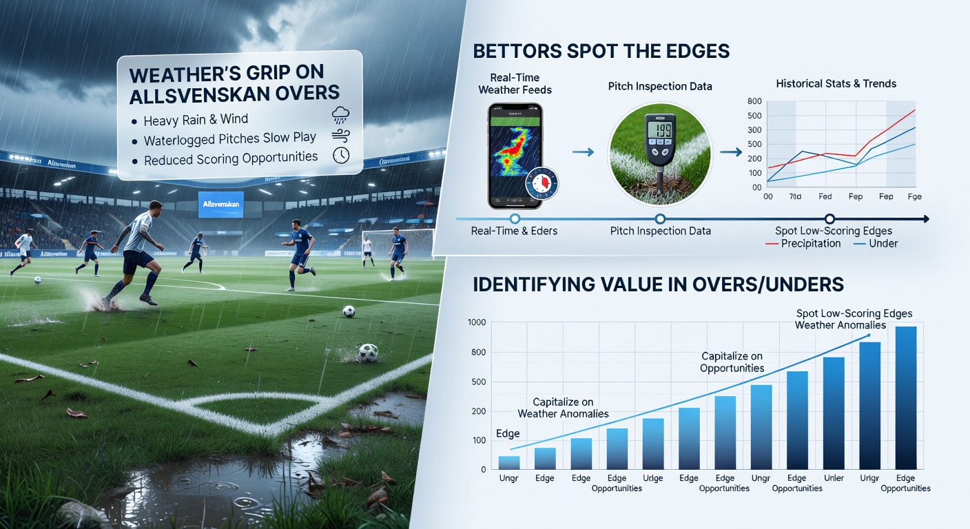 Wind-swept Allsvenskan players battling for a high ball on a waterlogged field amid stormy clouds