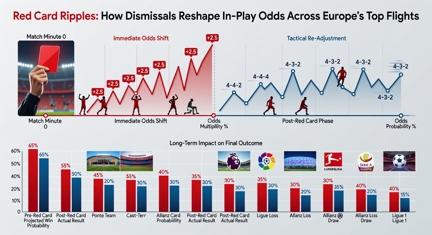 Graph illustrating sharp odds shifts after red cards in major European leagues, showing win probabilities and goal lines plummeting or surging