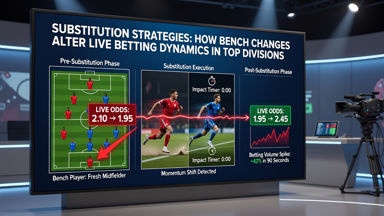 Close-up of a digital betting interface showing live odds changing after a substitution in a top division match